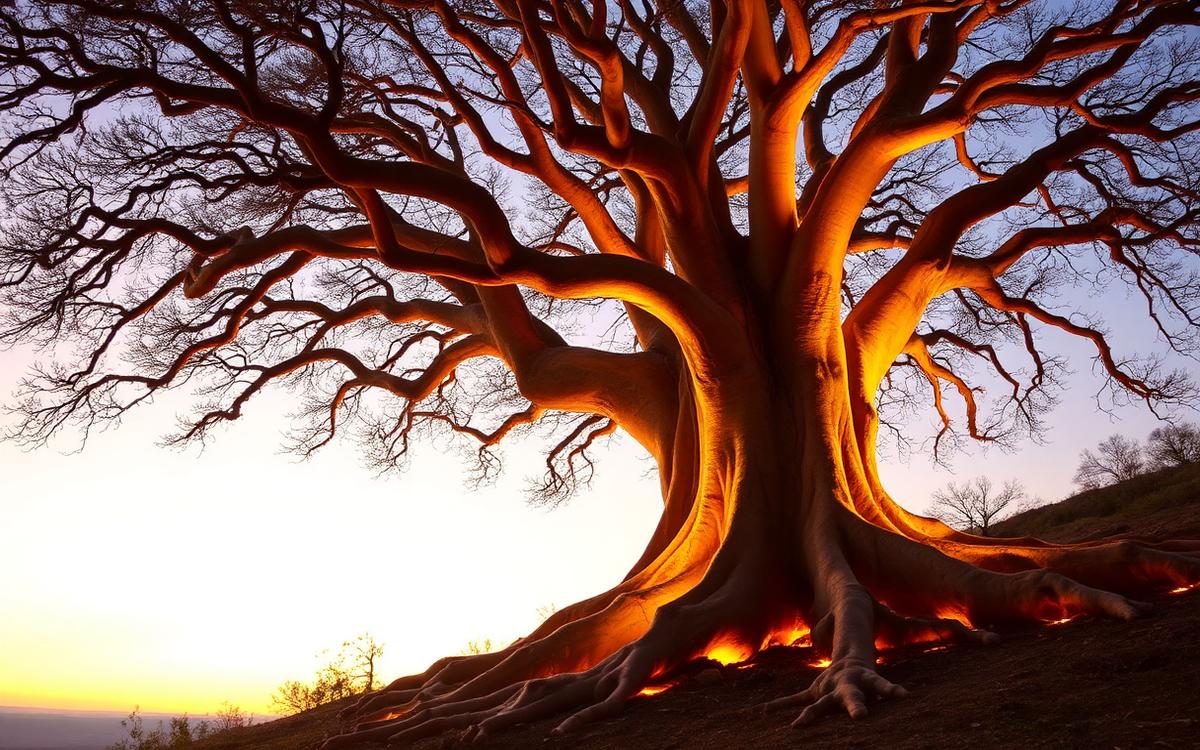 Alter Baum mit leuchtenden Wurzeln in der Dämmerung