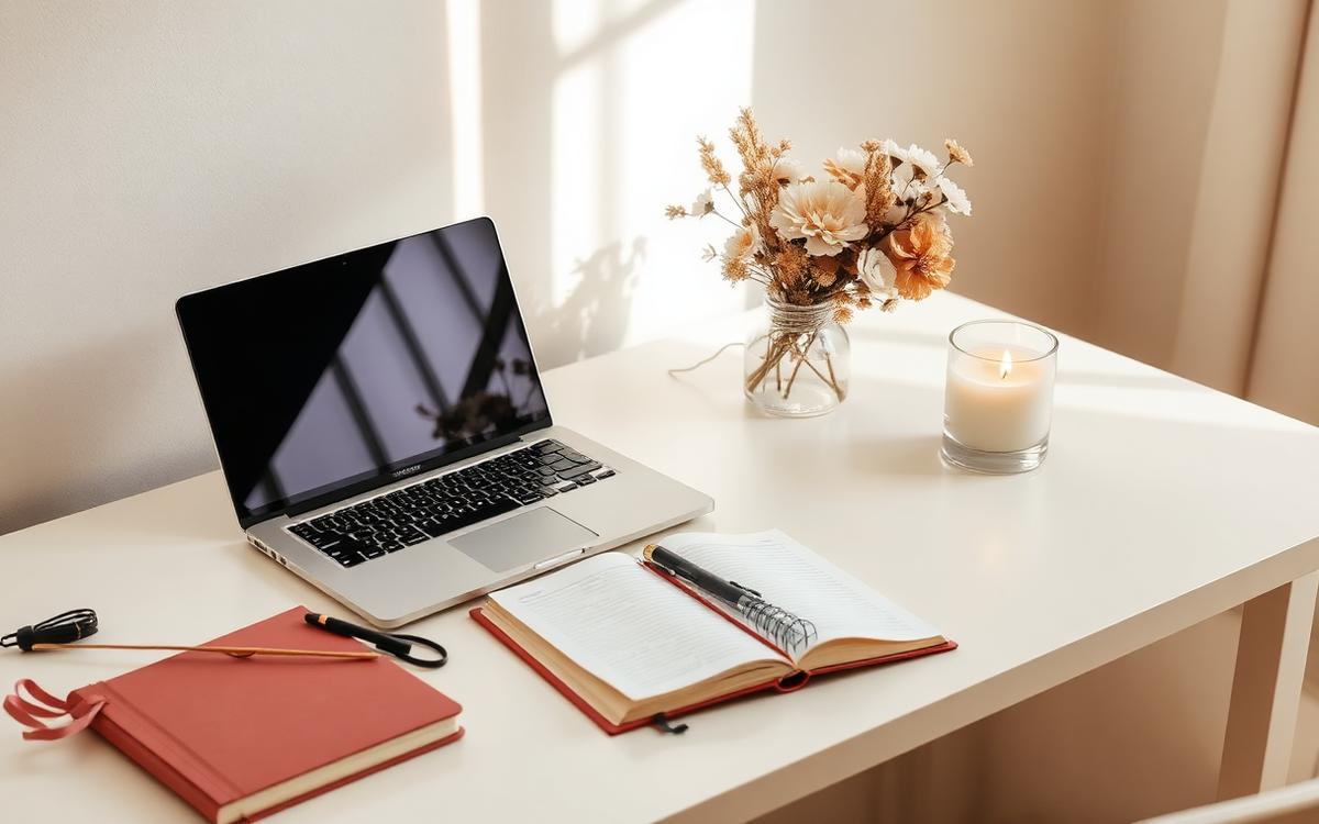 Heller Arbeitsplatz mit Laptop, Notizbuch und Trockenblumen