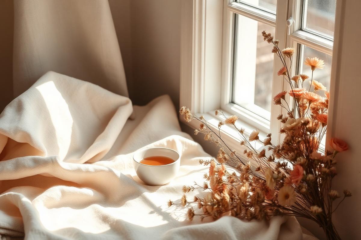 Leinendecke, Tee und Trockenblumen am sonnigen Fenster