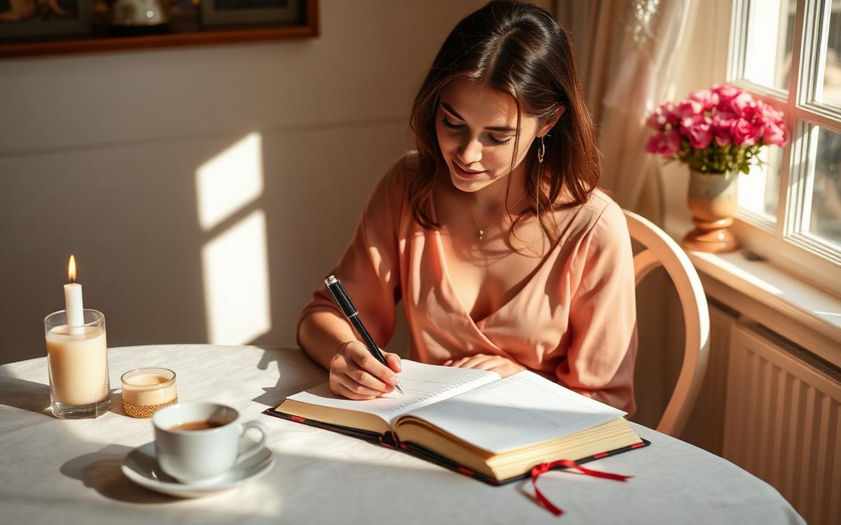 Frau schreibt in ein Journal am sonnigen Tisch