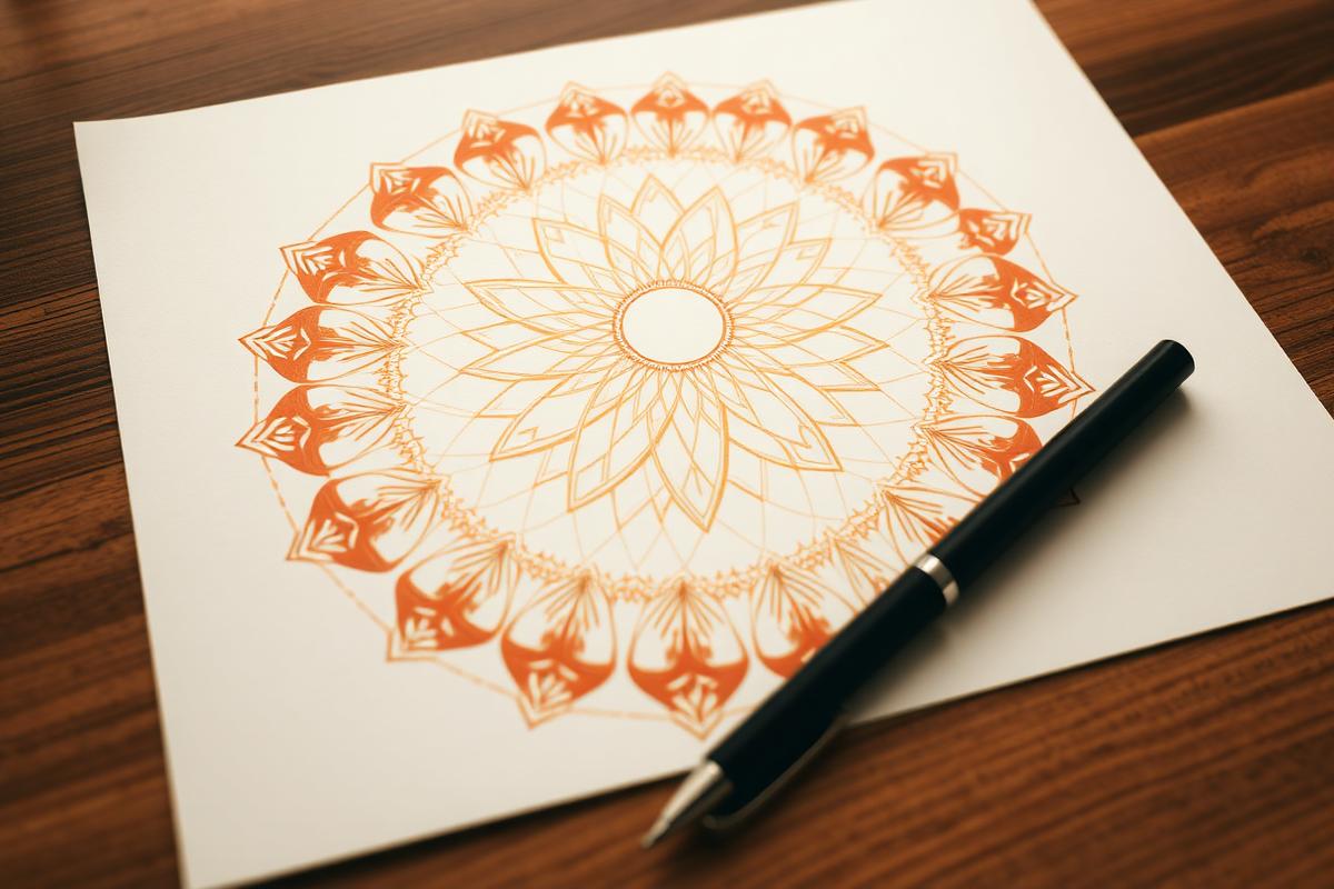 Mandala-Chart in goldenen Linien auf Papier mit Stift