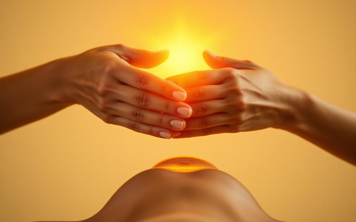 Heilende Hände mit goldenem Licht über einer Person