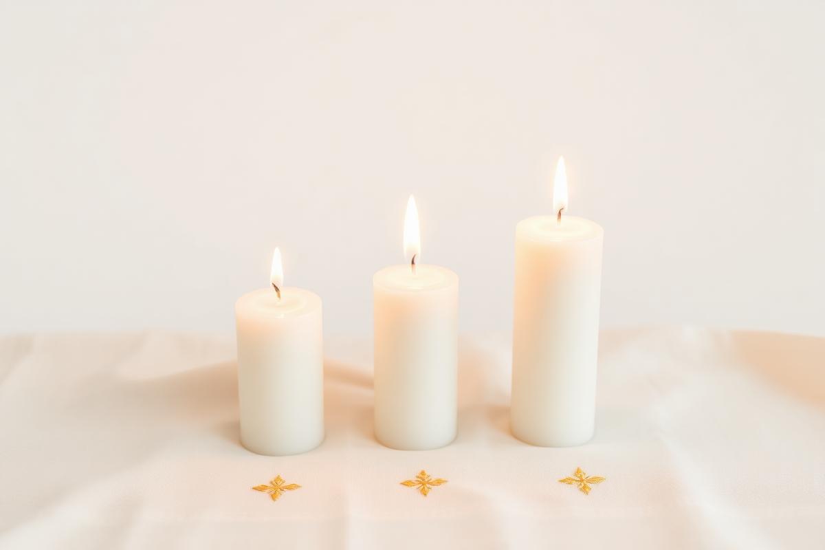 Drei Kerzen in aufsteigender Höhe auf cremefarbenem Leinen