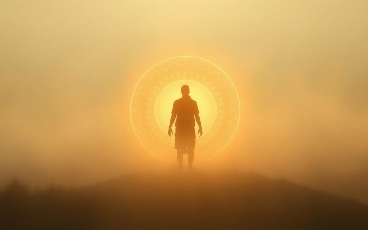 Silhouette in einer goldenen Lichtkugel im Nebel