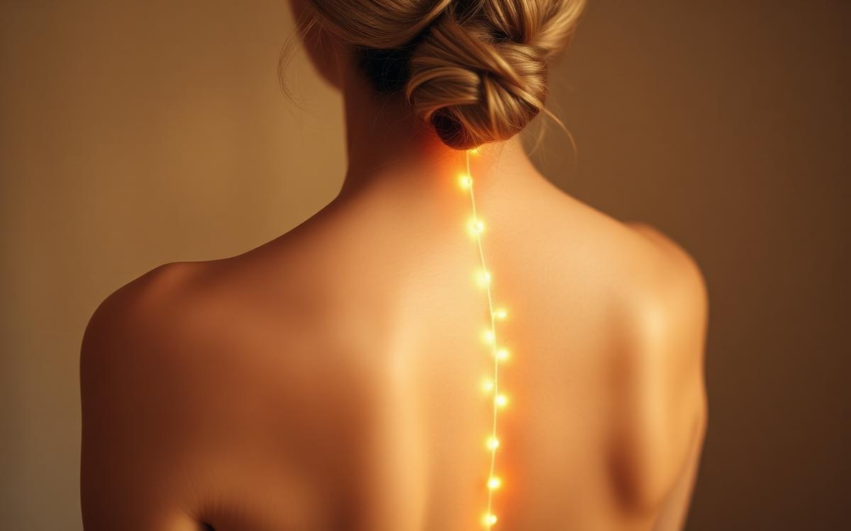 Rücken einer Frau mit goldenem Lichtstrahl entlang der Wirbelsäule